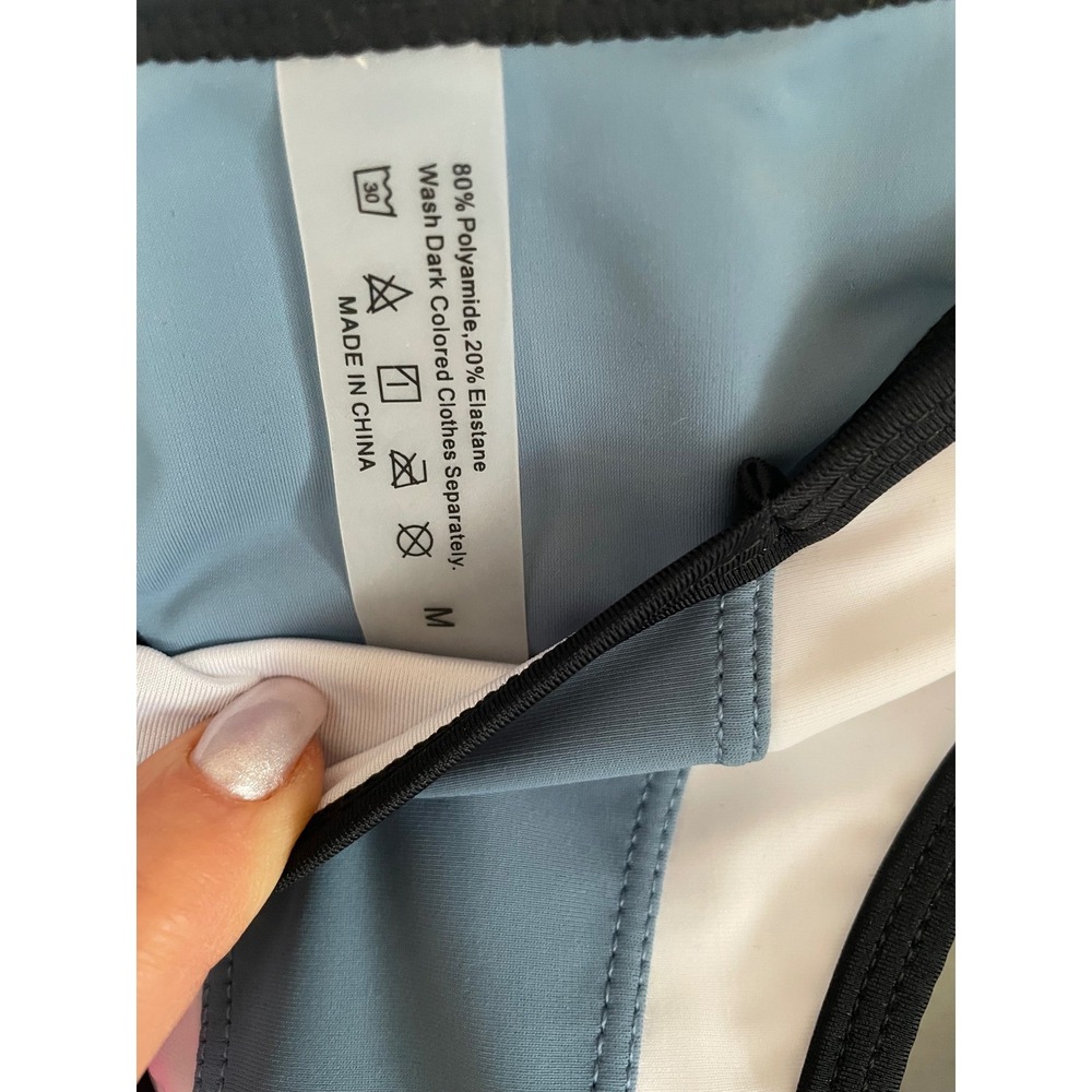Colorblock Front Zip Bikini Set Blue White Black Sporty Cutout Swimsuit Medium - Picture 3 of 6